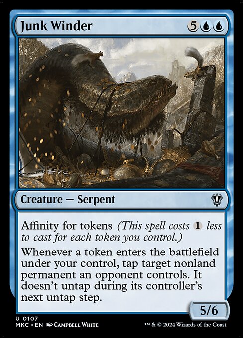 Affinity for tokens (This spell costs {1} less to cast for each token you control.)
Whenever a token enters the battlefield under your control, tap target nonland permanent an opponent controls. It doesn't untap during its controller's next untap step.