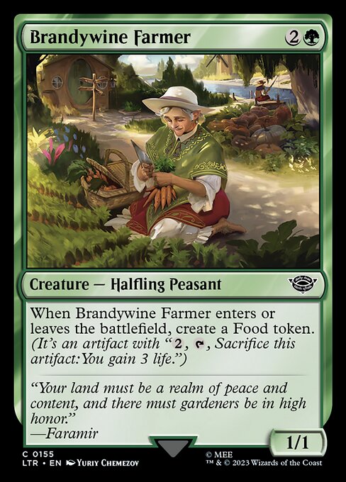 When Brandywine Farmer enters or leaves the battlefield, create a Food token. (It's an artifact with "{2}, {T}, Sacrifice this artifact: You gain 3 life.")