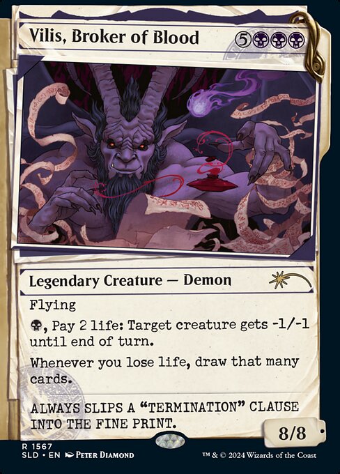 Flying
{B}, Pay 2 life: Target creature gets -1/-1 until end of turn.
Whenever you lose life, draw that many cards. (Damage causes loss of life.)