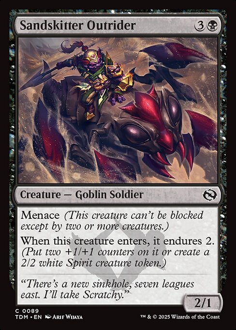 Menace (This creature can't be blocked except by two or more creatures.)
When this creature enters, it endures 2. (Put two +1/+1 counters on it or create a 2/2 white Spirit creature token.)