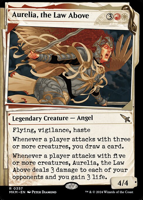 Flying, vigilance, haste
Whenever a player attacks with three or more creatures, you draw a card.
Whenever a player attacks with five or more creatures, Aurelia, the Law Above deals 3 damage to each of your opponents and you gain 3 life.