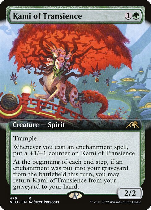 Trample
Whenever you cast an enchantment spell, put a +1/+1 counter on Kami of Transience.
At the beginning of each end step, if an enchantment was put into your graveyard from the battlefield this turn, you may return Kami of Transience from your graveyard to your hand.