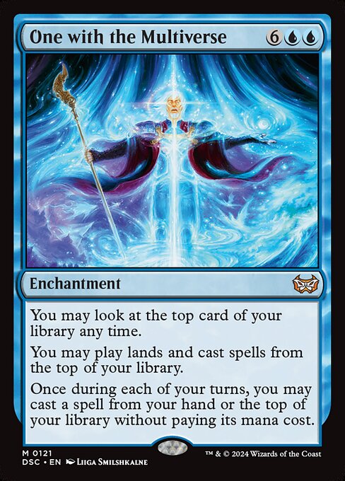 You may look at the top card of your library any time.
You may play lands and cast spells from the top of your library.
Once during each of your turns, you may cast a spell from your hand or the top of your library without paying its mana cost.