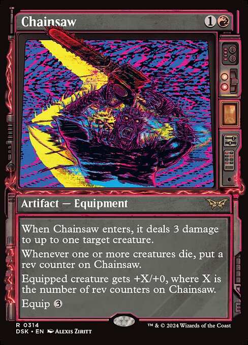 When Chainsaw enters, it deals 3 damage to up to one target creature.
Whenever one or more creatures die, put a rev counter on Chainsaw.
Equipped creature gets +X/+0, where X is the number of rev counters on Chainsaw.
Equip {3}