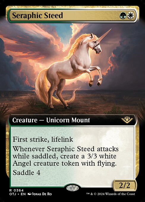 First strike, lifelink
Whenever Seraphic Steed attacks while saddled, create a 3/3 white Angel creature token with flying.
Saddle 4 (Tap any number of other creatures you control with total power 4 or more: This Mount becomes saddled until end of turn. Saddle only as a sorcery.)