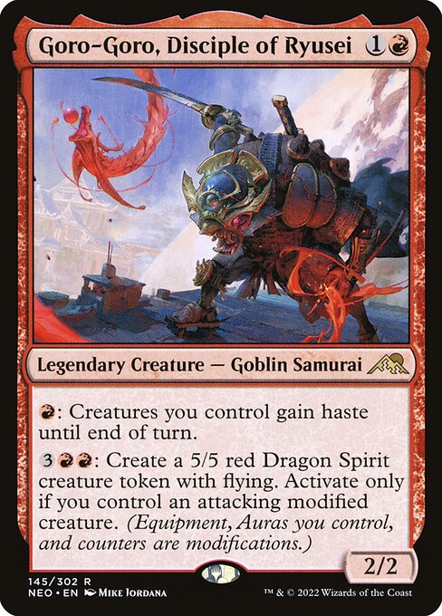 {R}: Creatures you control gain haste until end of turn.
{3}{R}{R}: Create a 5/5 red Dragon Spirit creature token with flying. Activate only if you control an attacking modified creature. (Equipment, Auras you control, and counters are modifications.)