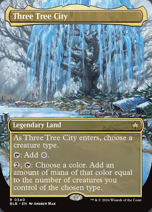 As Three Tree City enters, choose a creature type.
{T}: Add {C}.
{2}, {T}: Choose a color. Add an amount of mana of that color equal to the number of creatures you control of the chosen type.