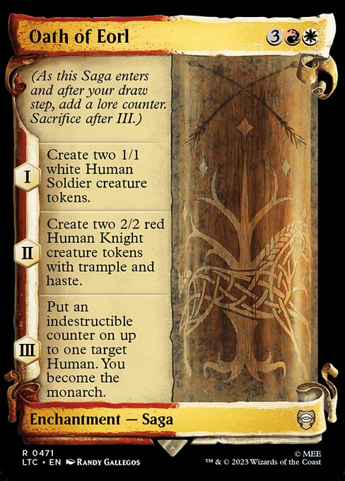 (As this Saga enters and after your draw step, add a lore counter. Sacrifice after III.)
I — Create two 1/1 white Human Soldier creature tokens.
II — Create two 2/2 red Human Knight creature tokens with trample and haste.
III — Put an indestructible counter on up to one target Human. You become the monarch.