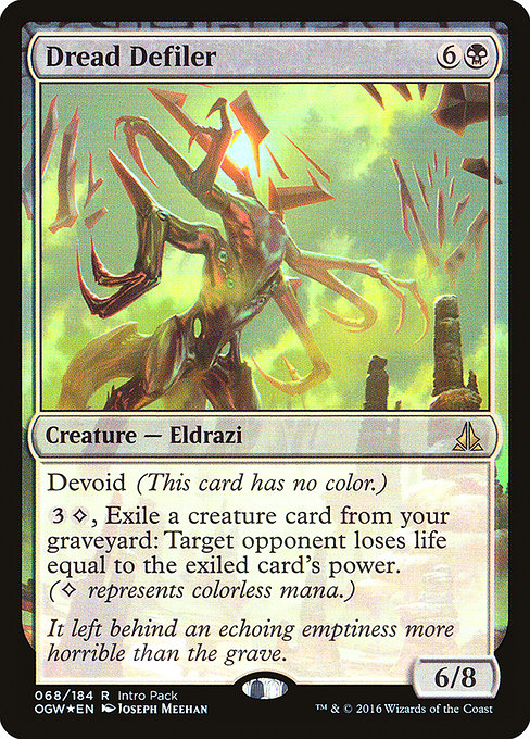Devoid (This card has no color.)
{3}{C}, Exile a creature card from your graveyard: Target opponent loses life equal to the exiled card's power. ({C} represents colorless mana.)