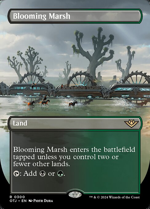 Blooming Marsh enters the battlefield tapped unless you control two or fewer other lands.
{T}: Add {B} or {G}.