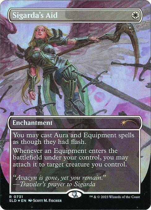 You may cast Aura and Equipment spells as though they had flash.
Whenever an Equipment enters the battlefield under your control, you may attach it to target creature you control.