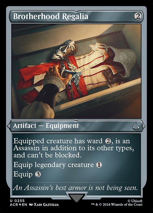 Equipped creature has ward {2}, is an Assassin in addition to its other types, and can't be blocked.
Equip legendary creature {1}
Equip {3} ({3}: Attach to target creature you control. Equip only as a sorcery.)