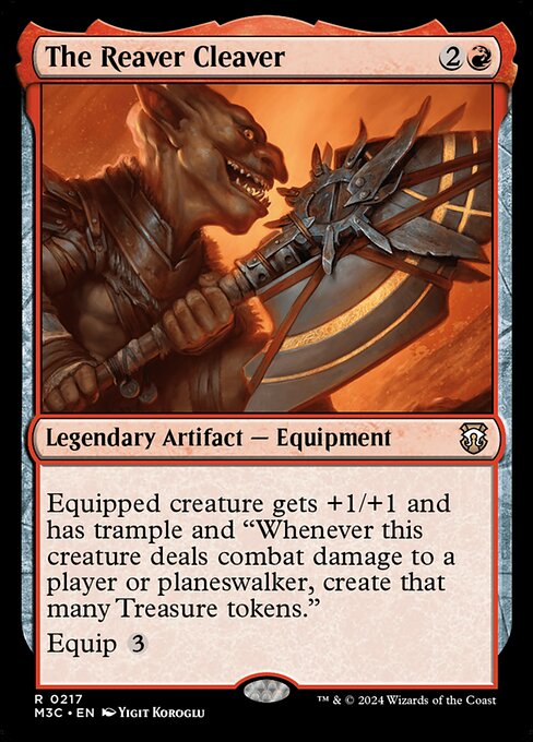 Equipped creature gets +1/+1 and has trample and "Whenever this creature deals combat damage to a player or planeswalker, create that many Treasure tokens."
Equip {3}