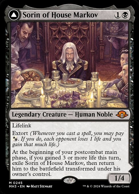 Lifelink
Extort (Whenever you cast a spell, you may pay {W/B}. If you do, each opponent loses 1 life and you gain that much life.)
At the beginning of your postcombat main phase, if you gained 3 or more life this turn, exile Sorin of House Markov, then return him to the battlefield transformed under his owner's control.   Extort (Whenever you cast a spell, you may pay {W/B}. If you do, each opponent loses 1 life and you gain that much life.)
+2: Create a Food token.
−1: Sorin, Ravenous Neonate d