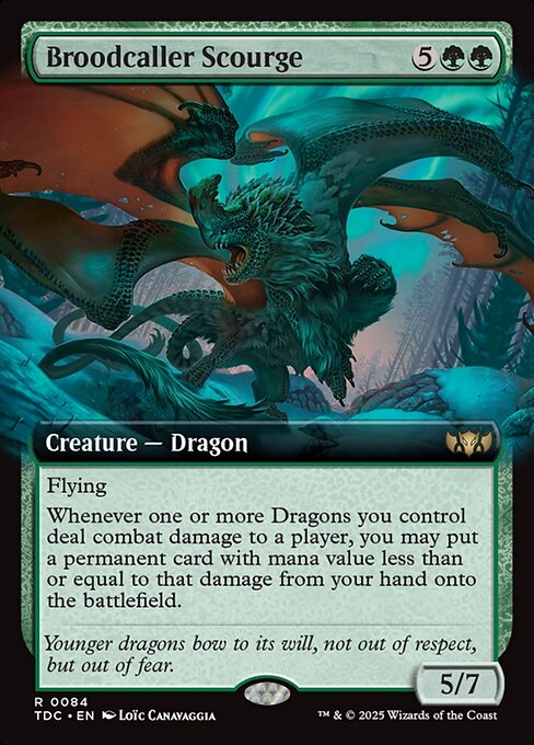 Flying
Whenever one or more Dragons you control deal combat damage to a player, you may put a permanent card with mana value less than or equal to that damage from your hand onto the battlefield.