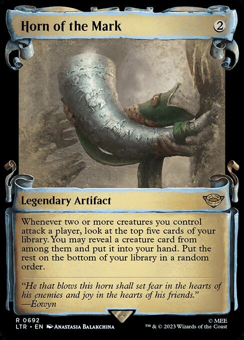 Whenever two or more creatures you control attack a player, look at the top five cards of your library. You may reveal a creature card from among them and put it into your hand. Put the rest on the bottom of your library in a random order.