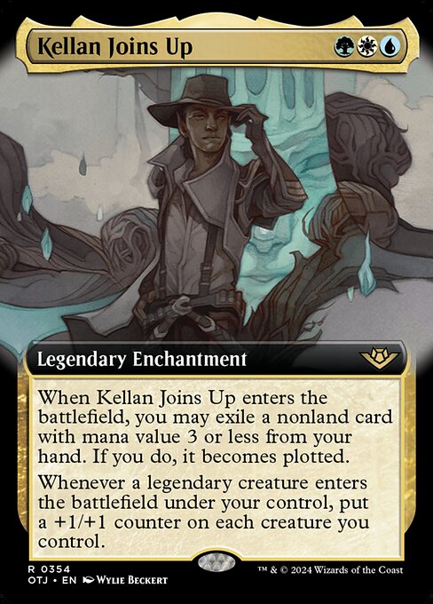 When Kellan Joins Up enters the battlefield, you may exile a nonland card with mana value 3 or less from your hand. If you do, it becomes plotted. (You may cast it as a sorcery on a later turn without paying its mana cost.)
Whenever a legendary creature enters the battlefield under your control, put a +1/+1 counter on each creature you control.