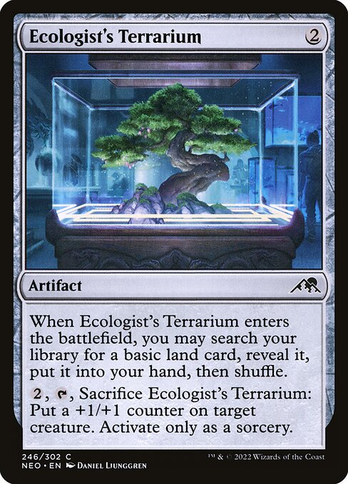When Ecologist's Terrarium enters the battlefield, you may search your library for a basic land card, reveal it, put it into your hand, then shuffle.
{2}, {T}, Sacrifice Ecologist's Terrarium: Put a +1/+1 counter on target creature. Activate only as a sorcery.