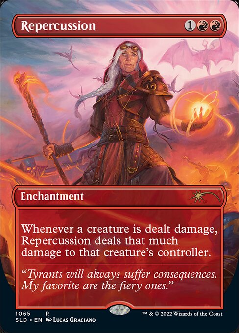 Whenever a creature is dealt damage, Repercussion deals that much damage to that creature's controller.