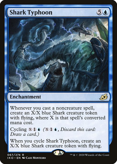 Whenever you cast a noncreature spell, create an X/X blue Shark creature token with flying, where X is that spell's mana value.
Cycling {X}{1}{U} ({X}{1}{U}, Discard this card: Draw a card.)
When you cycle Shark Typhoon, create an X/X blue Shark creature token with flying.
