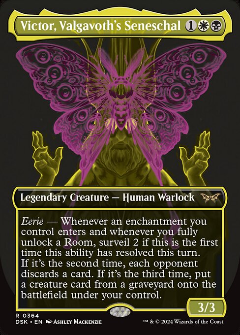 Eerie — Whenever an enchantment you control enters and whenever you fully unlock a Room, surveil 2 if this is the first time this ability has resolved this turn. If it's the second time, each opponent discards a card. If it's the third time, put a creature card from a graveyard onto the battlefield under your control.