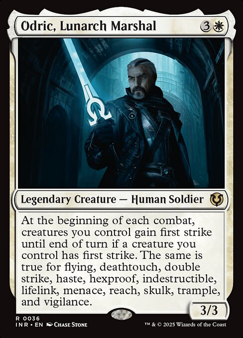 At the beginning of each combat, creatures you control gain first strike until end of turn if a creature you control has first strike. The same is true for flying, deathtouch, double strike, haste, hexproof, indestructible, lifelink, menace, reach, skulk, trample, and vigilance.