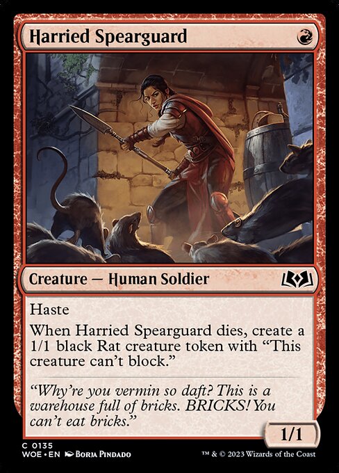 Haste
When Harried Spearguard dies, create a 1/1 black Rat creature token with "This creature can't block."