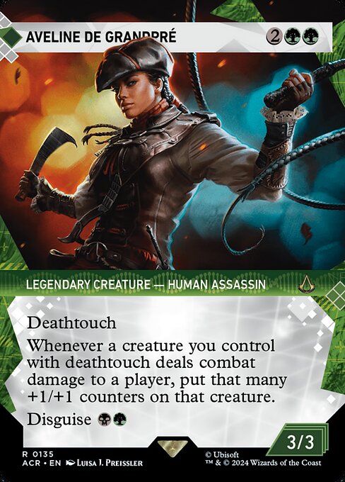 Deathtouch
Whenever a creature you control with deathtouch deals combat damage to a player, put that many +1/+1 counters on that creature.
Disguise {B}{G} (You may cast this card face down for {3} as a 2/2 creature with ward {2}. Turn it face up any time for its disguise cost.)