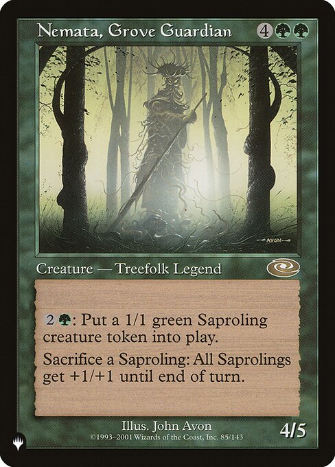 {2}{G}: Create a 1/1 green Saproling creature token.
Sacrifice a Saproling: Saproling creatures get +1/+1 until end of turn.