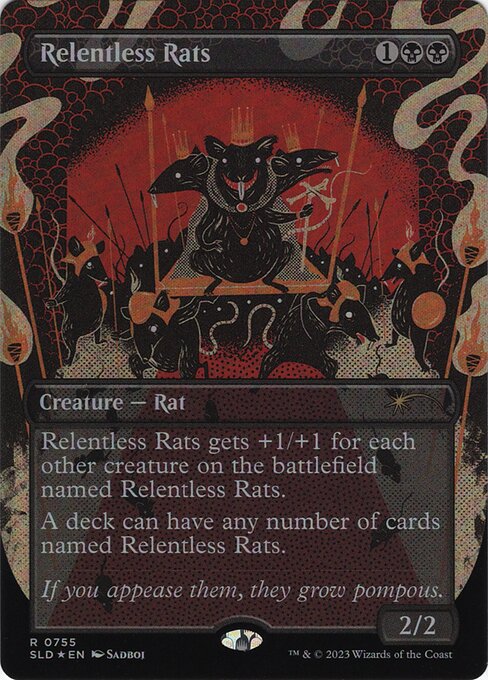 Relentless Rats gets +1/+1 for each other creature on the battlefield named Relentless Rats.
A deck can have any number of cards named Relentless Rats.
