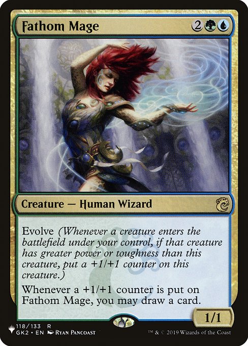 Evolve (Whenever a creature enters the battlefield under your control, if that creature has greater power or toughness than this creature, put a +1/+1 counter on this creature.)
Whenever a +1/+1 counter is put on Fathom Mage, you may draw a card.