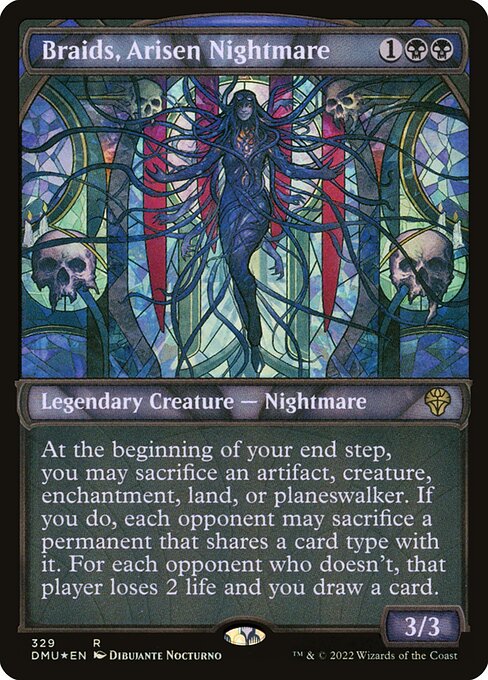 At the beginning of your end step, you may sacrifice an artifact, creature, enchantment, land, or planeswalker. If you do, each opponent may sacrifice a permanent that shares a card type with it. For each opponent who doesn't, that player loses 2 life and you draw a card.