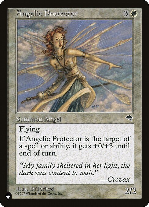 Flying
Whenever Angelic Protector becomes the target of a spell or ability, Angelic Protector gets +0/+3 until end of turn.