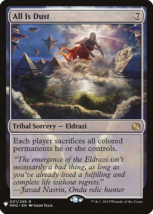 Each player sacrifices all permanents they control that are one or more colors.