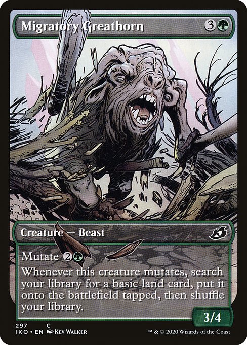 Mutate {2}{G} (If you cast this spell for its mutate cost, put it over or under target non-Human creature you own. They mutate into the creature on top plus all abilities from under it.)
Whenever this creature mutates, search your library for a basic land card, put it onto the battlefield tapped, then shuffle.
