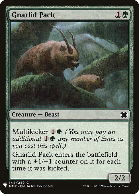 Multikicker {1}{G} (You may pay an additional {1}{G} any number of times as you cast this spell.)
Gnarlid Pack enters the battlefield with a +1/+1 counter on it for each time it was kicked.