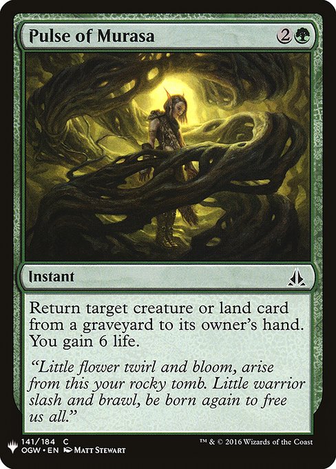Return target creature or land card from a graveyard to its owner's hand. You gain 6 life.
