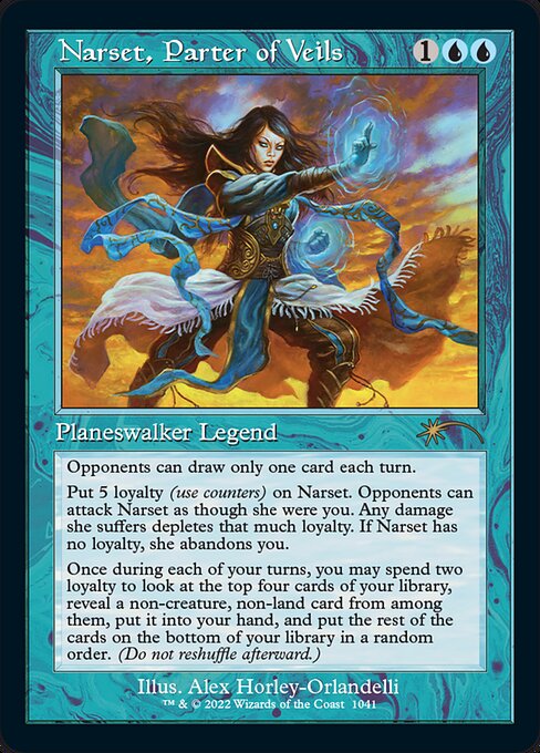Each opponent can't draw more than one card each turn.
−2: Look at the top four cards of your library. You may reveal a noncreature, nonland card from among them and put it into your hand. Put the rest on the bottom of your library in a random order.