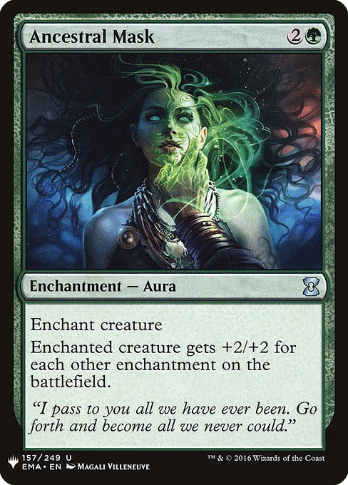 Enchant creature
Enchanted creature gets +2/+2 for each other enchantment on the battlefield.