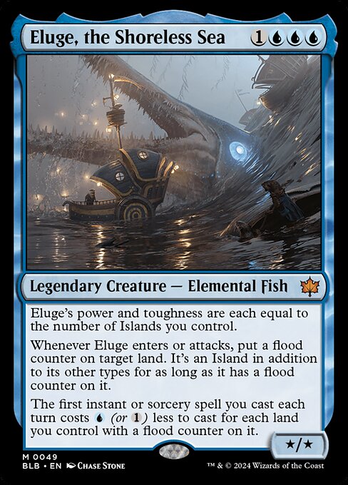 Eluge's power and toughness are each equal to the number of Islands you control.
Whenever Eluge enters or attacks, put a flood counter on target land. It's an Island in addition to its other types for as long as it has a flood counter on it.
The first instant or sorcery spell you cast each turn costs {U} (or {1}) less to cast for each land you control with a flood counter on it.