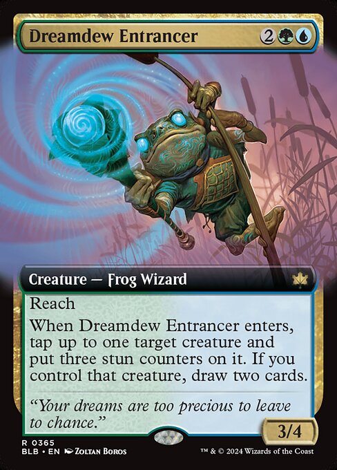 Reach
When Dreamdew Entrancer enters, tap up to one target creature and put three stun counters on it. If you control that creature, draw two cards.