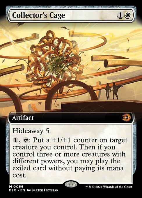 Hideaway 5 (When this artifact enters the battlefield, look at the top five cards of your library, exile one face down, then put the rest on the bottom in a random order.)
{1}, {T}: Put a +1/+1 counter on target creature you control. Then if you control three or more creatures with different powers, you may play the exiled card without paying its mana cost.