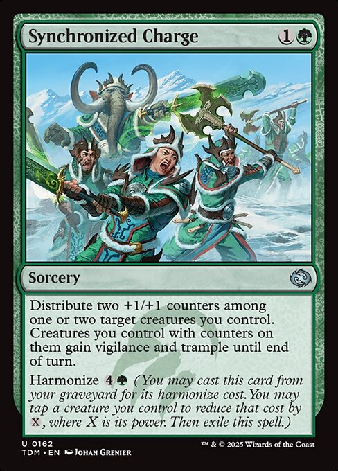 Distribute two +1/+1 counters among one or two target creatures you control. Creatures you control with counters on them gain vigilance and trample until end of turn.
Harmonize {4}{G} (You may cast this card from your graveyard for its harmonize cost. You may tap a creature you control to reduce that cost by {X}, where X is its power. Then exile this spell.)