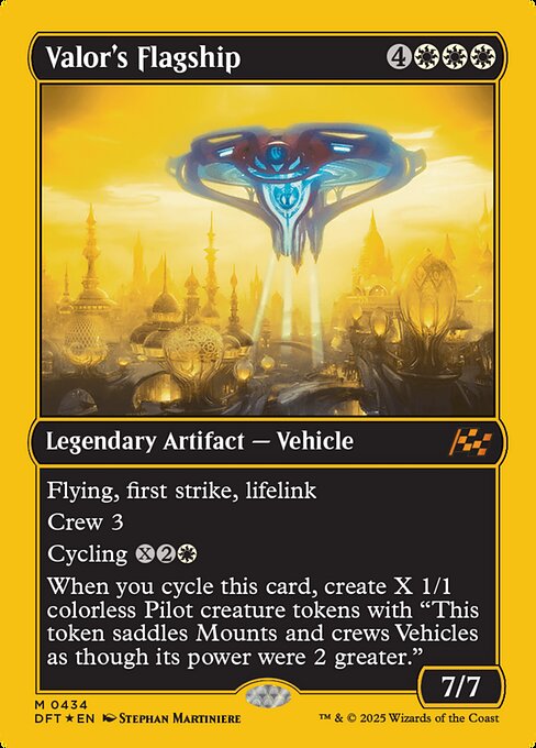 Flying, first strike, lifelink
Crew 3
Cycling {X}{2}{W} ({X}{2}{W}, Discard this card: Draw a card.)
When you cycle this card, create X 1/1 colorless Pilot creature tokens with "This token saddles Mounts and crews Vehicles as though its power were 2 greater."
