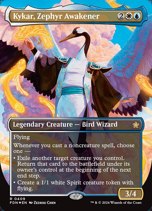 Flying
Whenever you cast a noncreature spell, choose one —
• Exile another target creature you control. Return that card to the battlefield under its owner's control at the beginning of the next end step.
• Create a 1/1 white Spirit creature token with flying.