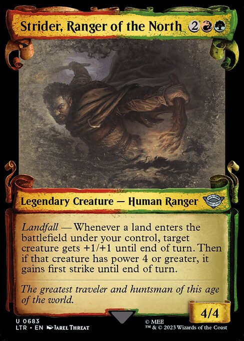 Landfall — Whenever a land enters the battlefield under your control, target creature gets +1/+1 until end of turn. Then if that creature has power 4 or greater, it gains first strike until end of turn.