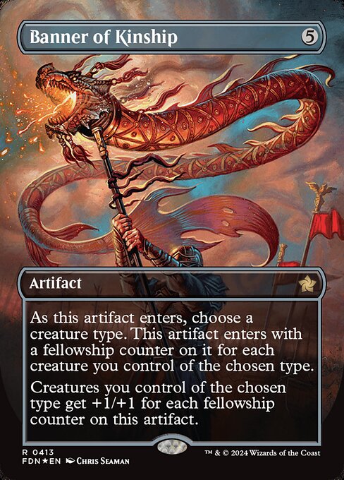 As this artifact enters, choose a creature type. This artifact enters with a fellowship counter on it for each creature you control of the chosen type.
Creatures you control of the chosen type get +1/+1 for each fellowship counter on this artifact.
