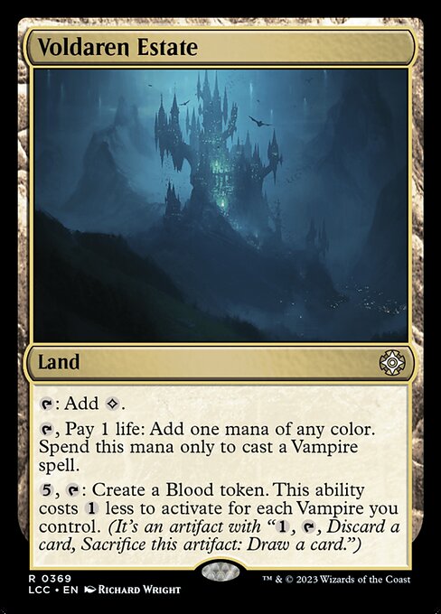 {T}: Add {C}.
{T}, Pay 1 life: Add one mana of any color. Spend this mana only to cast a Vampire spell.
{5}, {T}: Create a Blood token. This ability costs {1} less to activate for each Vampire you control. (It's an artifact with "{1}, {T}, Discard a card, Sacrifice this token: Draw a card.")