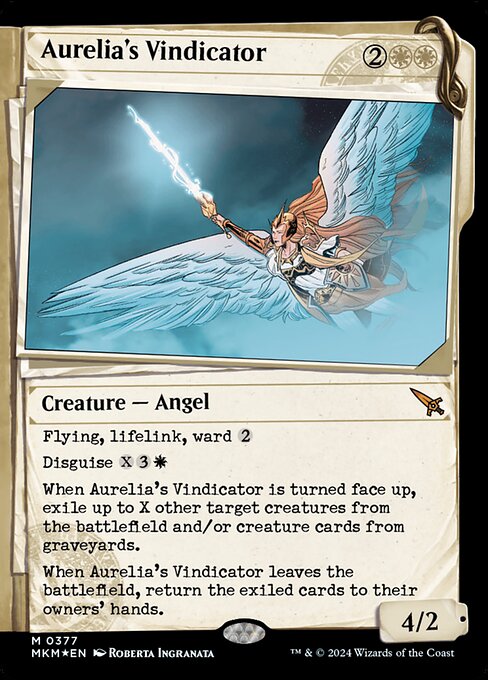 Flying, lifelink, ward {2}
Disguise {X}{3}{W}
When Aurelia's Vindicator is turned face up, exile up to X other target creatures from the battlefield and/or creature cards from graveyards.
When Aurelia's Vindicator leaves the battlefield, return the exiled cards to their owners' hands.