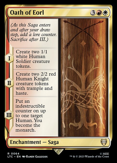 (As this Saga enters and after your draw step, add a lore counter. Sacrifice after III.)
I — Create two 1/1 white Human Soldier creature tokens.
II — Create two 2/2 red Human Knight creature tokens with trample and haste.
III — Put an indestructible counter on up to one target Human. You become the monarch.
